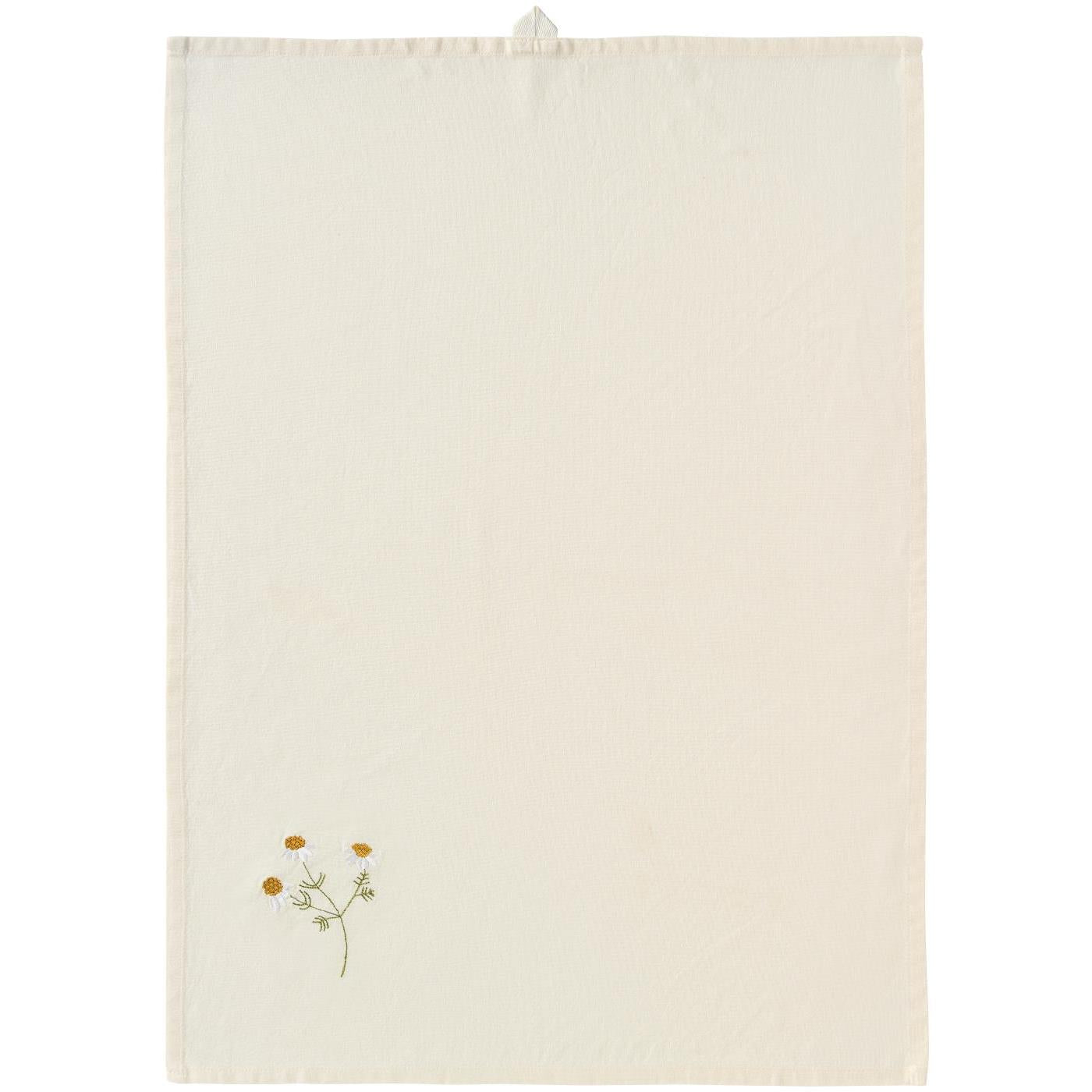 Crème theedoek met geborduurde bloemen in brocante stijl