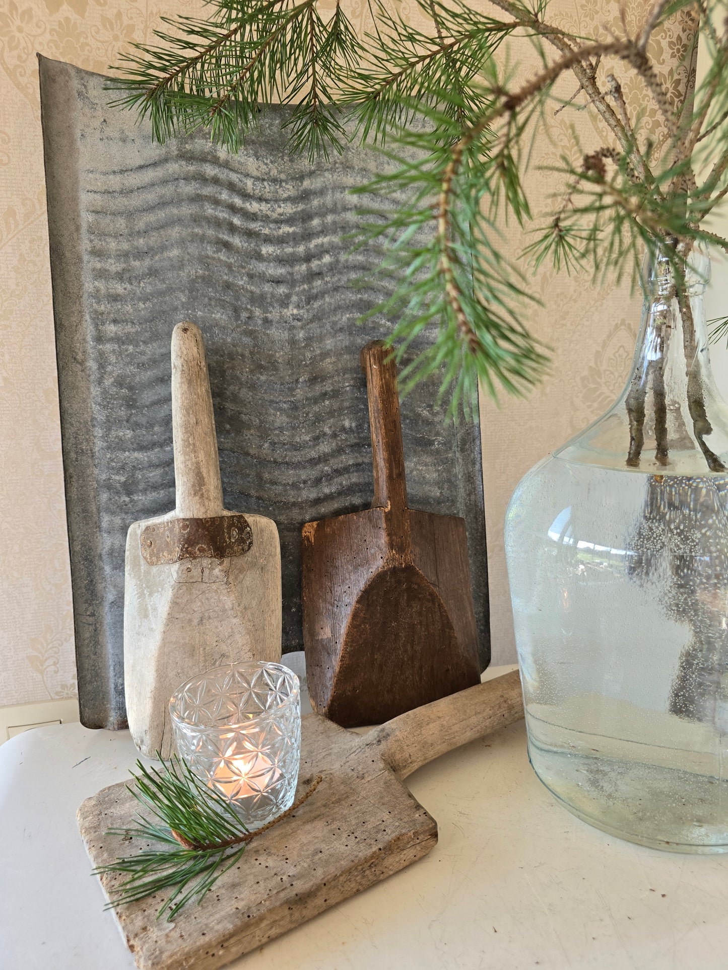 Oude houten wasklopper, dubbel handvat