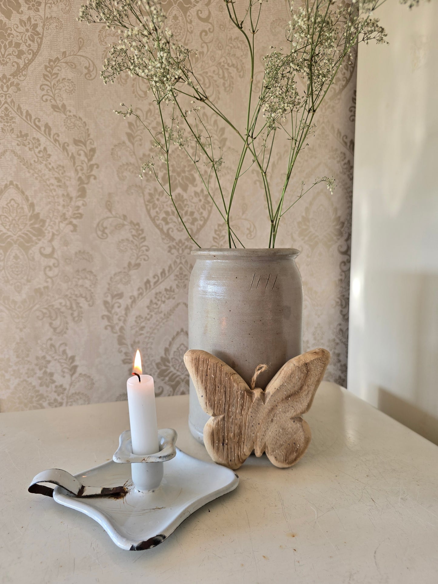 Emaille kaarsenhouder brocante stijl voor binnen en buiten