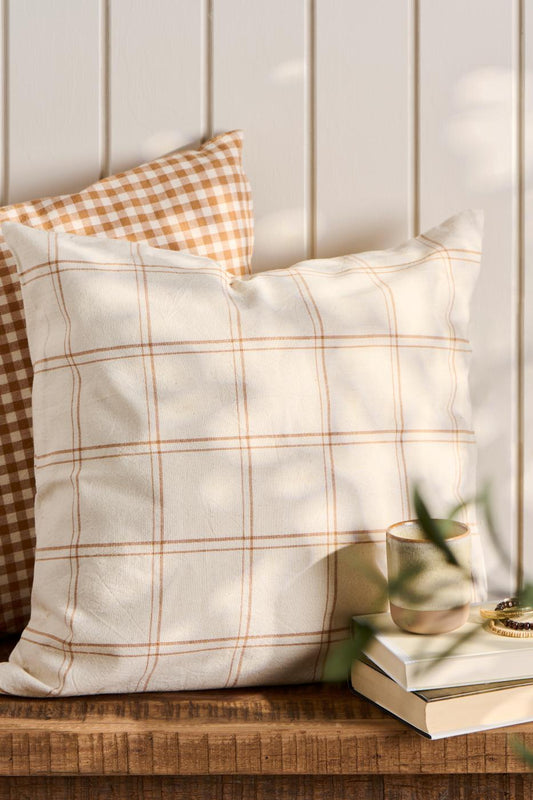 Kussenhoes Theodor, naturel met rustiek bruin ruitpatroon