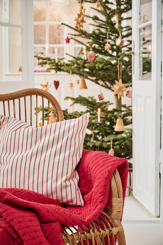 Kussenhoes Holly, naturel met rode geweven strepen